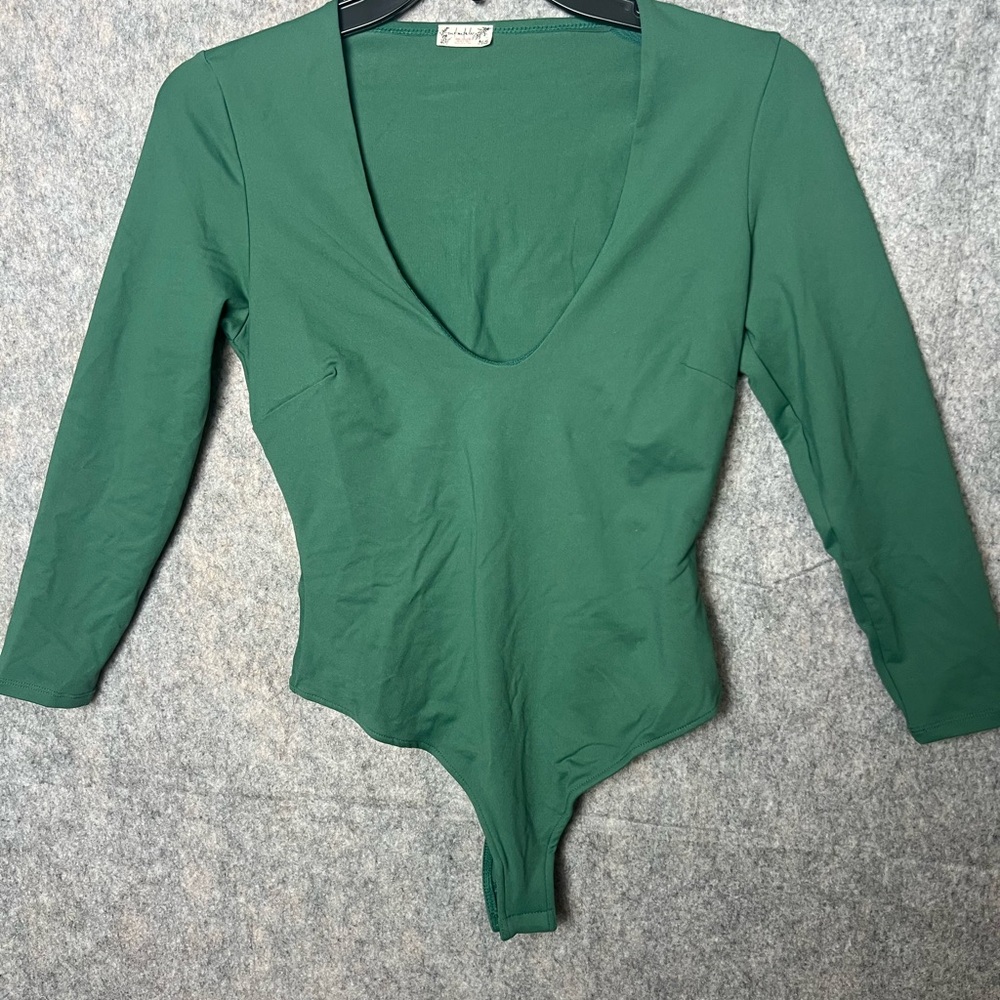 Free People Intimately‎ Woman Small Wide Neck Green Long Sleeve Bodysuit